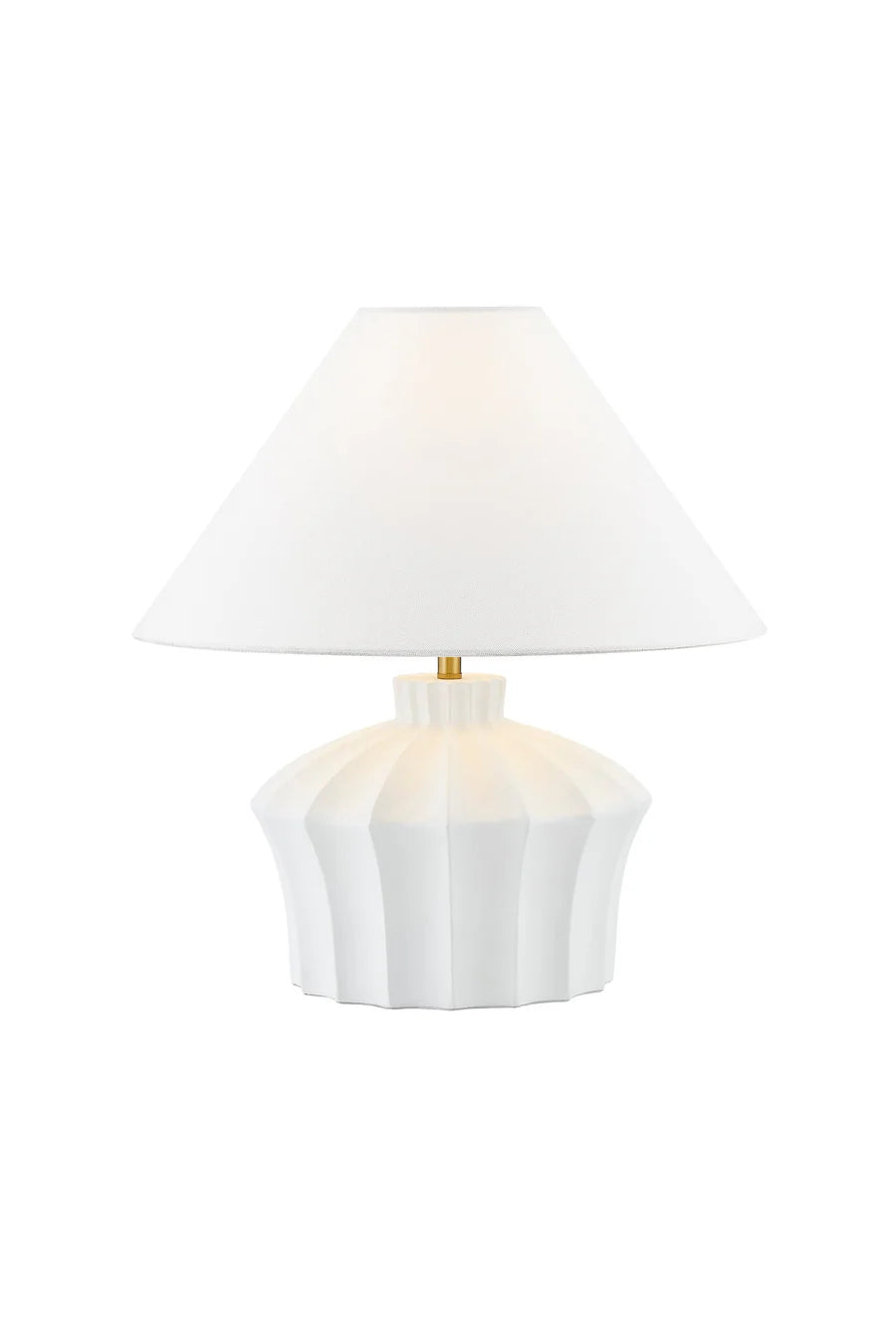 white ribbed lamp with white shade and gold stem. modern white lamp