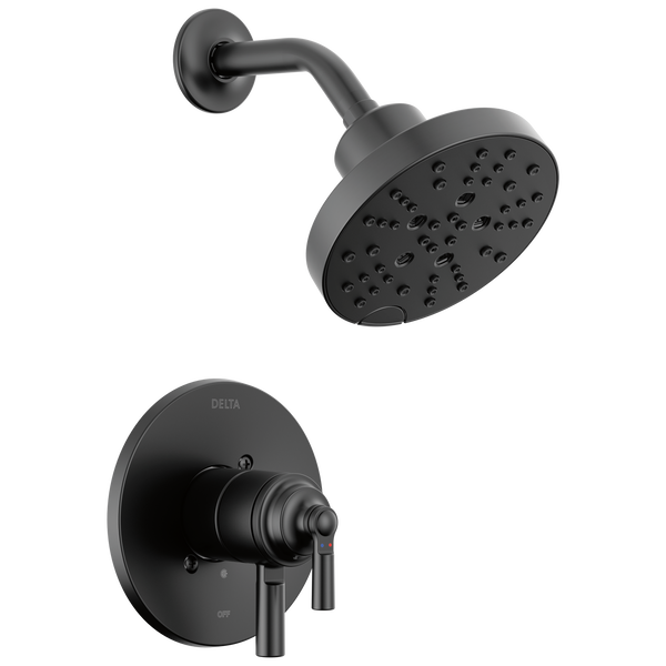 This is a black shower trim that is round. Delta is the brand. 17 Series, great for new builds or remodels. Construction, Ferguson, Showroom