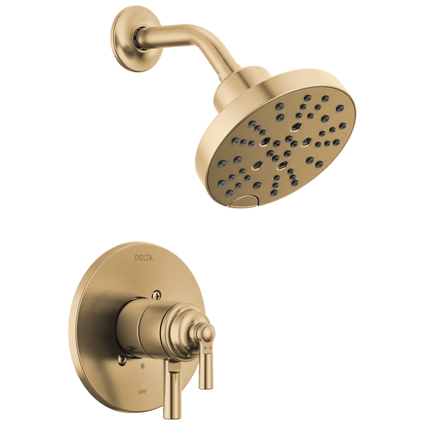 This is a champagne bronze shower trim that is round. Delta is the brand. 17 Series, great for new builds or remodels. Construction, Ferguson, Showroom